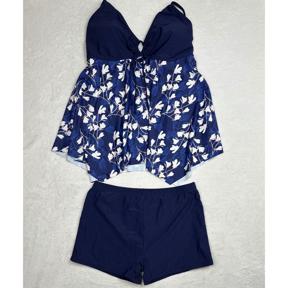 Summer Mae Womens XL Navy Blue Floral Tankini Set Handkerchief Top Boy Shorts